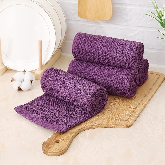 Kitinjoy 100% Cotton Waffle Weave Kitchen Hand Towels (13 x 28 Inches, Violet), 4-Pack Super Soft and Absorbent Dish Towels for Drying Dishes