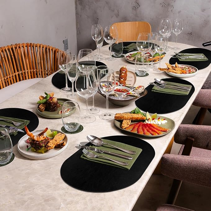 ADRIMER Placemats, Heat Resistant Oval Placemats Set of 6 Washable 12 x 17 Inch, Waterproof Table Mats, Wipeable Pu Place Mats for Kitchen, Dining Room, Black