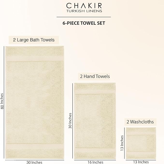 Chakir Turkish Linens 100% Cotton Premium Turkish Towels for Bathroom, 2 Large Bath Towels 36x60, 2 Hand Towels, 2 Washcloths (6-Piece Towel Set, Beige)