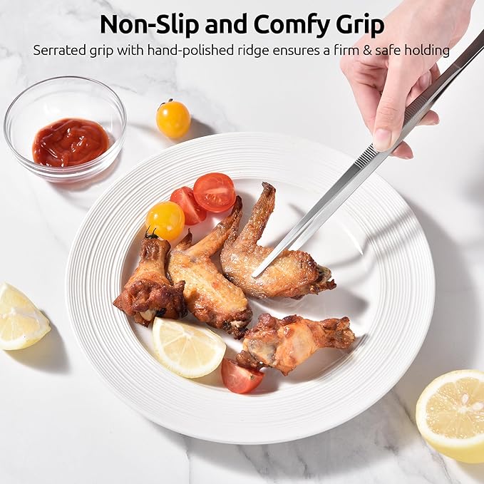 U-Taste 10in Kitchen Cooking Tweezer: 18/8 Stainless Steel Food-Grade Metal Food Tong, Seamless-Welding, Sturdy, Flexible and Non-Slip for Pasta Salad Serving, Grilling, Frying, Baking (Pointed Tip)