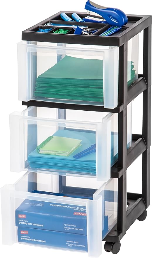 IRIS USA Plastic Drawer Storage Organizer Rolling Cart, with Wheels Casters, 3-Drawers, for Classroom Art Craft Supplies Dresser Closet Bathroom Laundry Room, Black/Clear