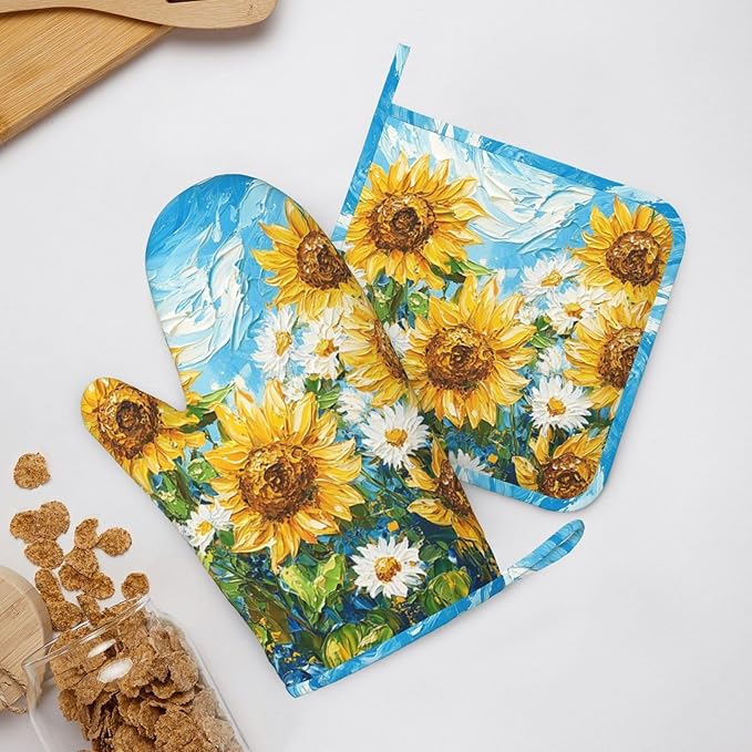 Oven Mitts and Pot Holders Sunflower Daisy Flower Art Silicone Kitchen Accessories Set of 2 Heat Resistant Long Gloves Potholder Non-Slip Grip for Chef Cooking,Baking,Grilling,BBQ