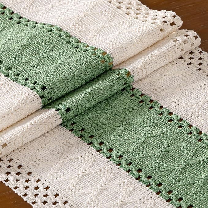 DeZerlor Boho Macrame Table Runner Spring Easter Farmhouse Woven Table Runner with Tassels 108 Inches Ivory& Sage Green Cotton Linen Kitchen Table Decor for Dining Dresser Home Tea Table Decor