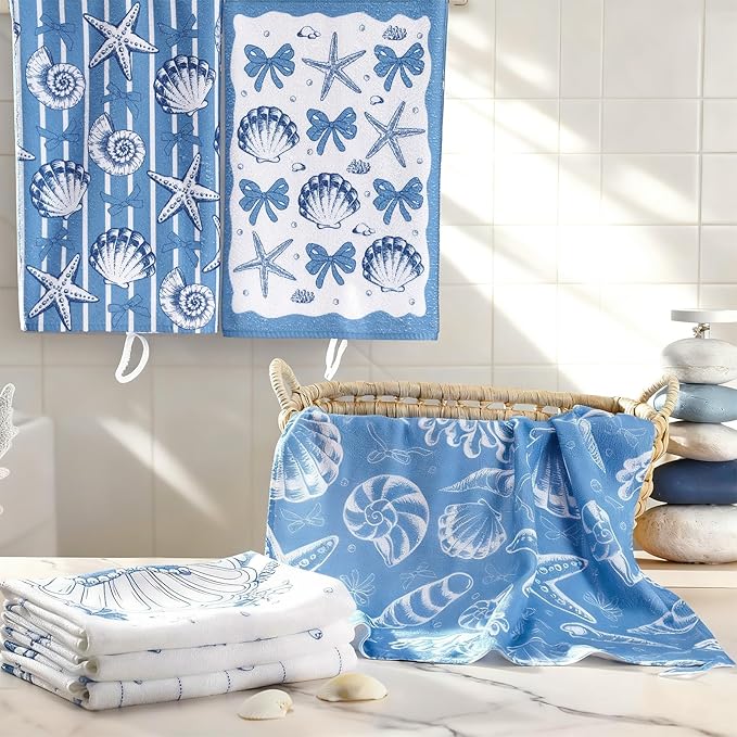 Breling Set of 6 Coastal Beach Kitchen Towels Blue Bow Dish Towel Bathroom Decorative Ocean Seashell Nautical Rustic Hand Cloths for Kitchen Bathroom Home Cooking Housewarming Gifts, 14 x 21 Inch