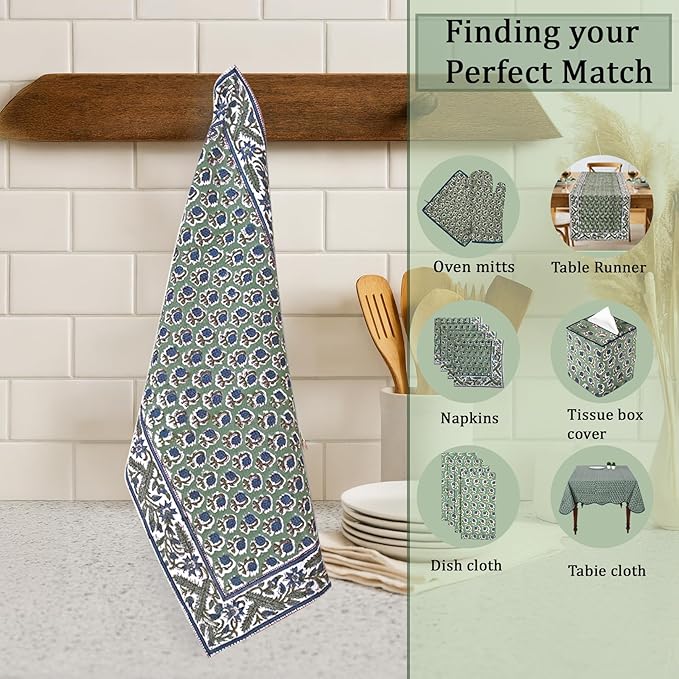 Ridhi Basil Green Hand Block Print Waffle Kitchen Towel Set of 3-16 x28 Ultra Absorbent Quick Dry 100% Cotton Dish Towels Lightweight Reusable Sustainable Tea Towels for Cleaning and Drying