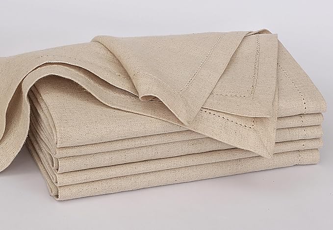 Ruvanti Premium Linen Napkins Set of 6-20x20 Inch, Classic Hemstitch, Mitered Corner Cloth Napkins - Soft, Elegant Dinner Napkins Cloth Washable for Weddings, Parties, Everyday Use - Natural