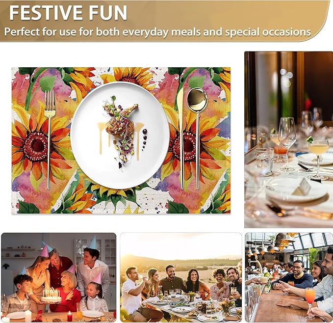 Placemats Set of 6 Linen Washable Kitchen Dining Watercolor Sunflower Table Mats Stain Heat-Resistant Desktop Décor Colorful Wildflower Place Mats for Home Party Indoor 12x18 in