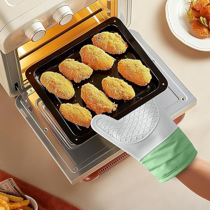 Silicone Oven Mitts,Heat Resistant up to 500°F, Oven Gloves with Soft Lining, Non-Slip Kitchen Essentials, Kitchen Gadgets, Apartment Essentials, Great Gift for Cooking (Grey&green-1pair)