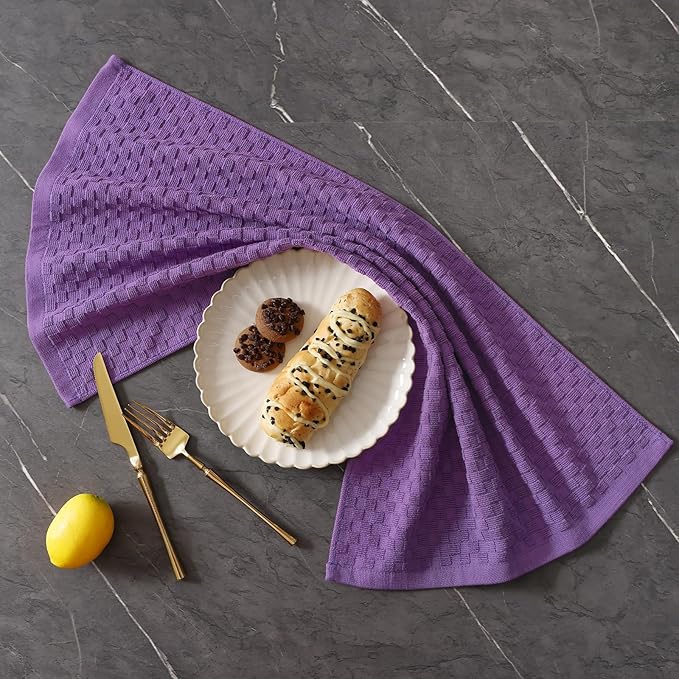 Homaxy 100% Cotton Terry Kitchen Towels(15" x 25", 6 Pack), Soft and Super Absorbent Dish Towels, 380 GSM Reusable Tea Towel with Hanging Loop, Pineapple Grid Designed, Purple