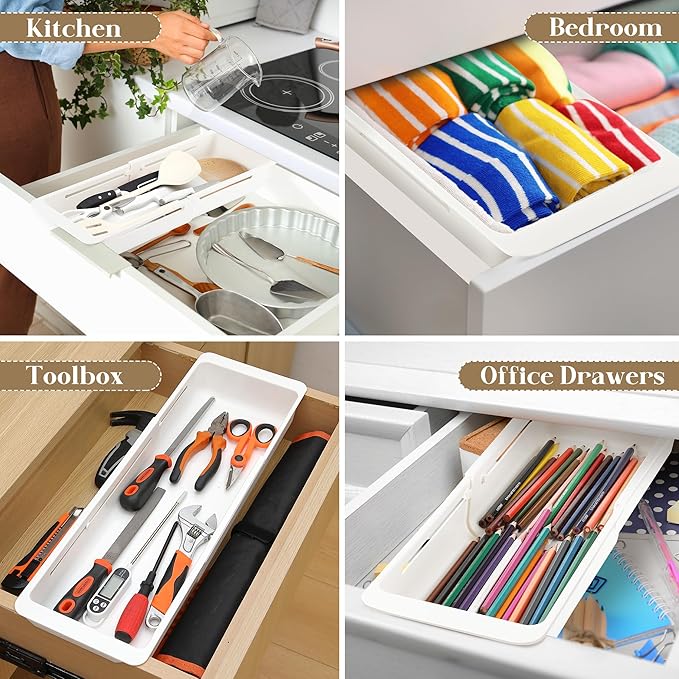 2 Pack Deep Drawer Organizer Bins, Sliding Drawer Organizer Bin Expandable and Adjustable Tray for Kitchen Utensils, BBQ Tools, Towels, Durable Plastic Sliding for Easy Storage(17.4-27.6")