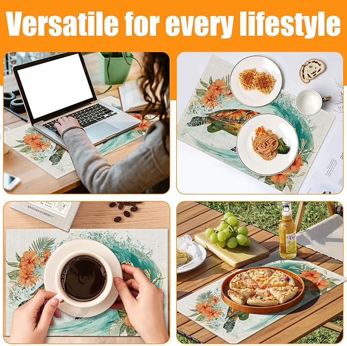 Sea Turtle Flowers Placemats Set of 6,12 x 18 Inch Table Mats Washable Heat Resistant Linen Fabric Rectangle Place Mat for Party Home Kitchen Dining