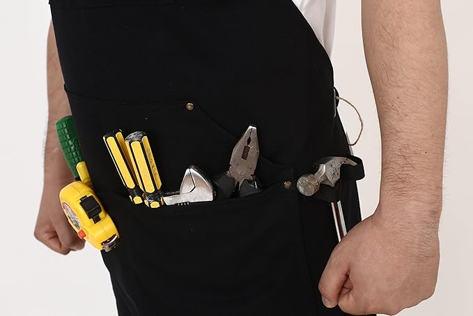 Heavy Duty Canvas Work Apron,Tool Pockets, Back Straps Adjustable(black)