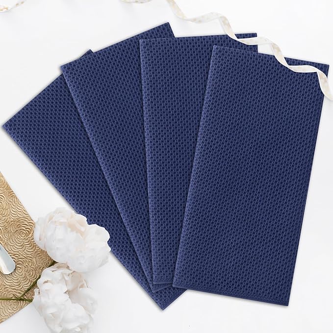 Kitinjoy 100% Cotton Waffle Weave Kitchen Towels (20 X 28 Inches, Navy Blue), 4-Pack Super Soft and Absorbent Dish Towel for Drying Dishes