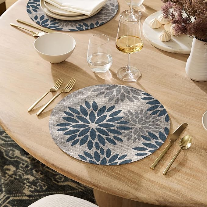 Artoid Mode Navy Dahlia Plastic Round Placemats Set of 4, 14 Inch Seasonal Wipeable Woven Vinyl Table Mats for Farmhouse Party Kitchen Dining Decor
