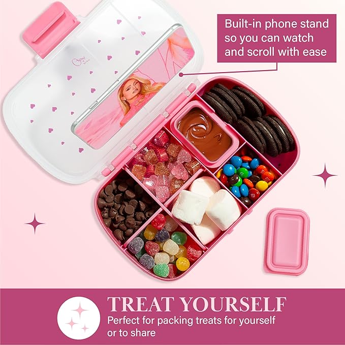 Paris Hilton 2-Pack Bento Style Snack Boxes, 7-Compartment Lunch Containers with Built-In Phone Stand, Removable Dividers and Dip Containers, Pink Heart Print