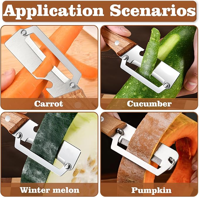 2 Pcs Multifunctional Vegetable Peeler, Stainless Steel Blade Peeler with Wooden Handle, Non-Slip Fruit Peeler for Kitchen