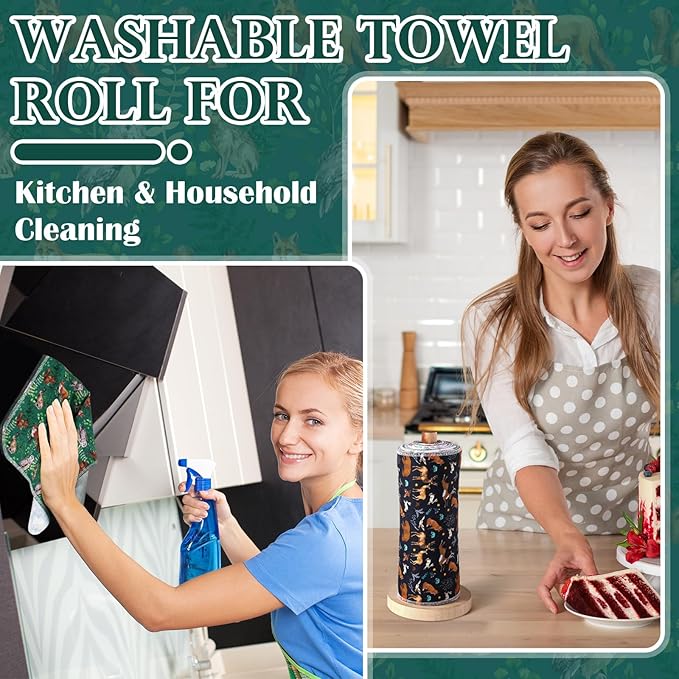 Redbaker 60 Pcs Reusable Paper Towels Rolls Kitchen Towels Bulk Washable Paperless Cloth Cotton Hand Napkins with Cardboard Reusable Napkins for Kitchen Bathroom (Wild Animal)