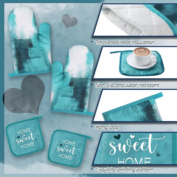 Fourluoo 10 Pcs Teal Turquoise Oven Mitts and Pot Holders Kitchen Decor and Accessories Set Turquoise Kitchen Towels Modern Boho Oven Gloves for Home Decorations Cooking Baking Housewarming Gifts