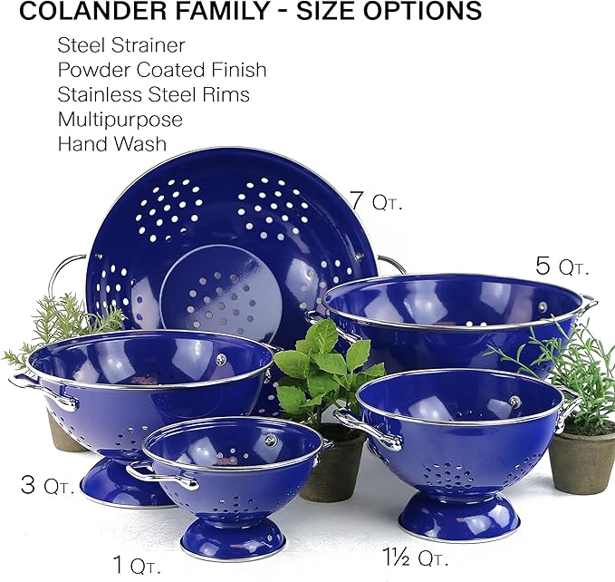 Reston Lloyd, 1.5 Quart Powder Coated Steel Kitchen Strainer Basket for draining Pasta, Vegetable and Fruit, Chrome Handles and Wide Stable Base, Indigo