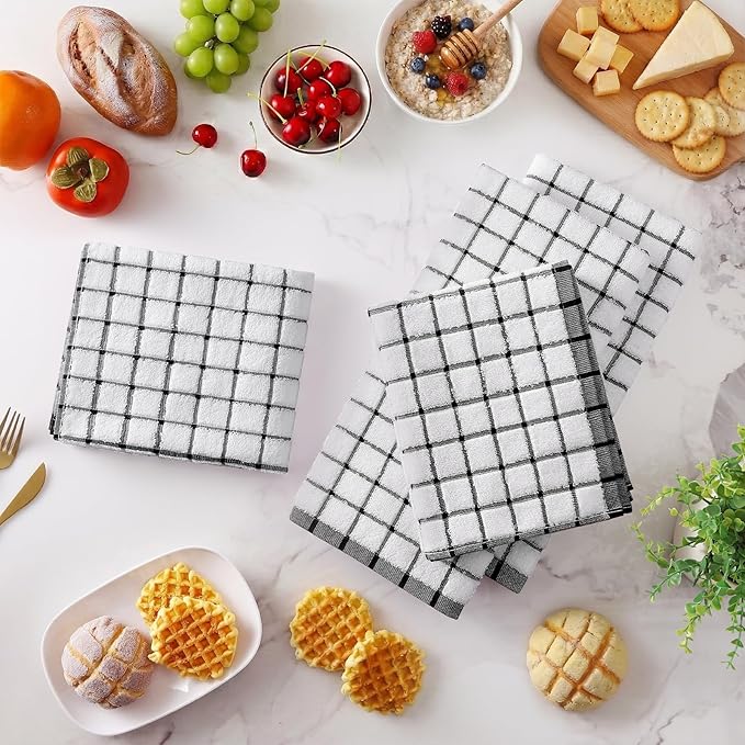 Homaxy Premium Kitchen Towels(16”x 28”, 6 Pack), Large Ring Spun Cotton Dish Towels, Super Absorbent Soft Terry Kitchen Hand Towels, Check Design Tea Towel Set with Hanging Loop, Black