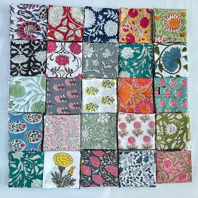 Assorted Mix and Match Hand Block Floral 100% Cotton Cloth Napkins Perfect for Kids,Wedding Events,Home Parties and Dining Table-Zero Waste Napkins