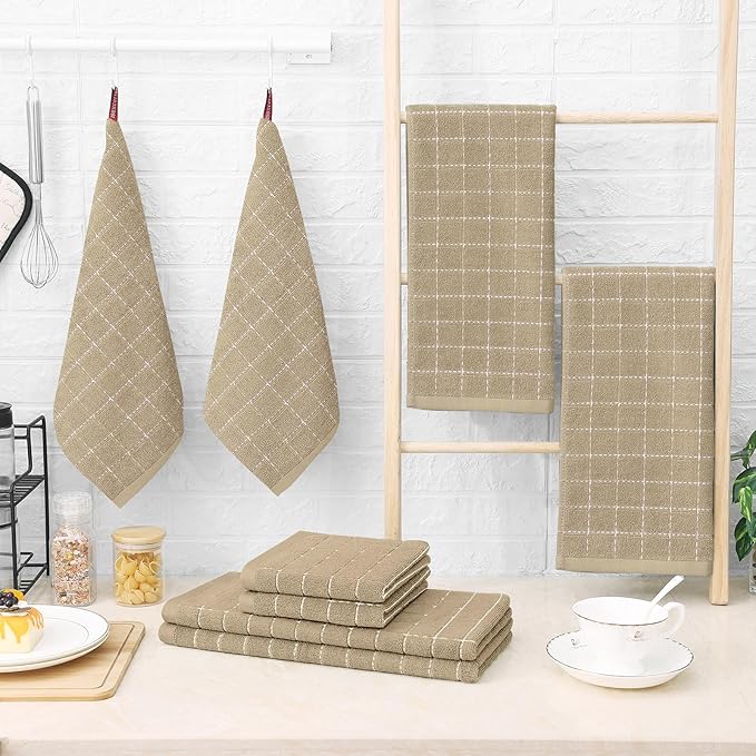 Homaxy Kitchen Towels and Dishcloths Set, 12 x 12 and 13 x 28 Inches, Set of 8 Bulk Cotton Terry Kitchen Towels Set, Checkered Designed, Soft and Super Absorbent Dish Towels, Tan