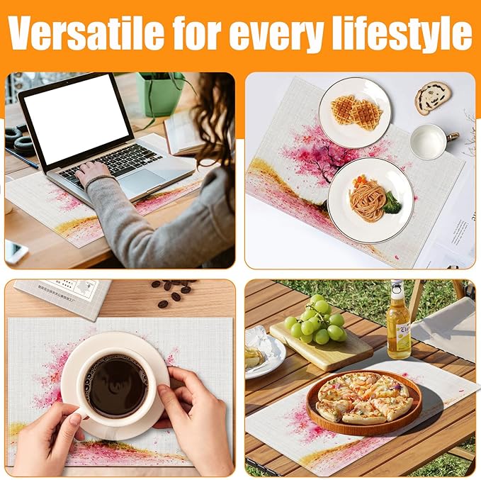 Cherry Blossom Flower Tree Placemats Set of 6,12 x 18 Inch Table Mats Washable Heat Resistant Linen Fabric Rectangle Place Mat for Party Home Kitchen Dining