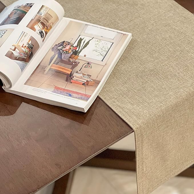 Table Runner and Placemats Set of 6 for Kitchen Dining Table Farmhouse Style Thick Linen Double Layer Heat Resistant Washable Place Mats Set/ Beige