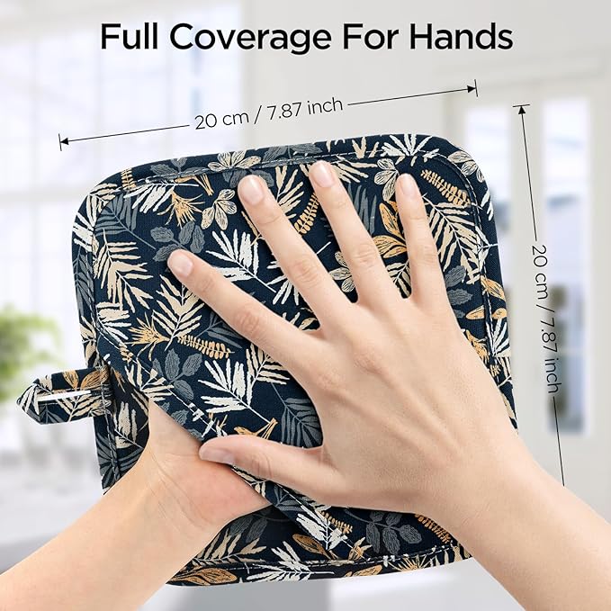 BONTHEE Pot Holders for Kitchen Heat Resistant Hot Pads for Countertops Oven Pot Holders Cotton Potholders for Kitchen Cooking Baking (Blue Leaves)