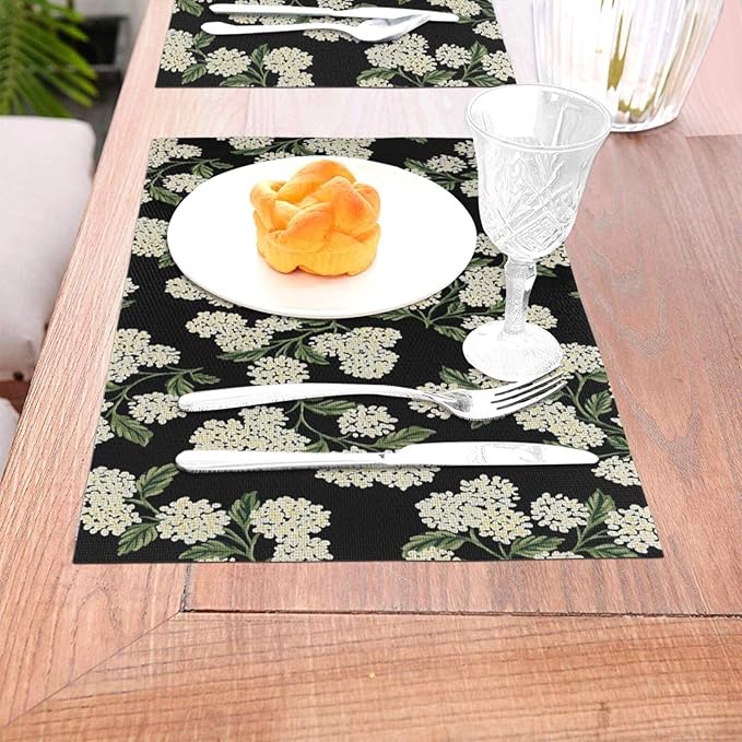 Spring Place mats Set of 4,12x18 Inches Black Beige Hydrangea Floral Decorative Summer Decor Flower Placemats Rectangle Spring Table Mats for Party Home Kitchen Dining Table Decoration