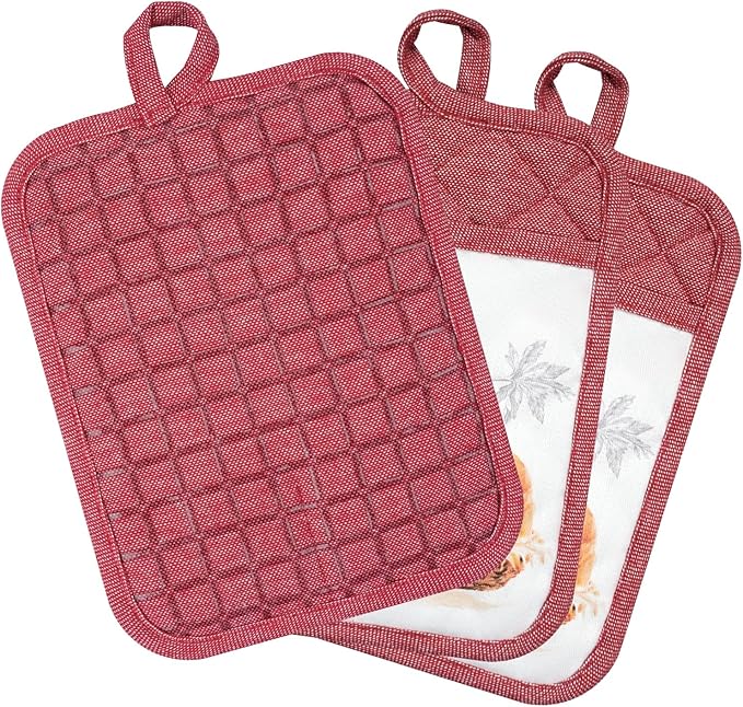 Pot Holders Set of 3 Silicone Printing Non Slip Heat Resistant, Yarm-Dyed Hot Pads Cotton Home Kitchen Cooking Barbecue Microwave Women Men Machine Washable BBQ Grilling. (Red Potholders)