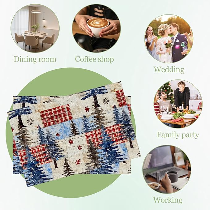 Winter Christmas Tree Placemats Set of 6, Washable Heat Resistant Table Mat Festival Linen Place Mats for Party Kitchen Dining Home Decor 12x18 Inch
