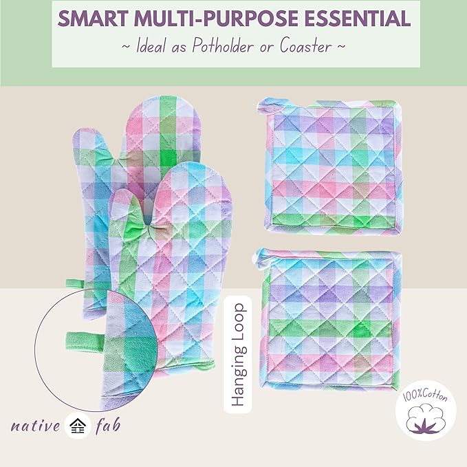 Native Fab 4 Piece Set - Gingham Check 2 Oven Mitts & 2 Potholders, Heat Resistant, 100% Cotton, Quilted Design, Non-Slip Grip, Ideal for Baking, Cooking, BBQ, Kitchen Protection, Multicolor
