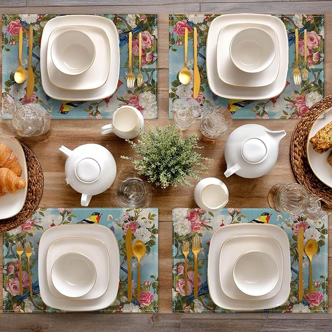 HOMETITUTE Birdhouse Art Linen Placemats Set of 4 12x18 inch Spring Table Mats for Dining Table Farmhouse Decorations Kitchen Decor Desk Mat for Outdoor Home Party Kitchen Seasonal Dining Decor