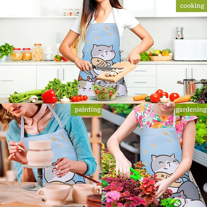 RosieLily Cat Apron for Women Cute Apron Anime Apron Funny Apron Kitchen Apron for Cooking Baking Gardening Grilling BBQ Kawaii Apron for Teens Blue Apron Cat Lover Gifts for Women