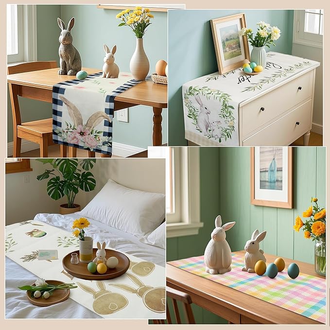 QINJIEJIE Table Runner for Table Happy Easter Carrots Rabbit Bunny Runner Seasonal Spring Kitchen Dining Table Decoration for Home Party Decor Easter Table Runner 72 Inch