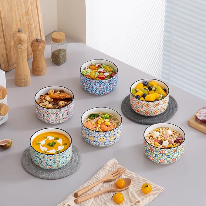 Ceramic Bowls Set with Lid: Microwave Safe Soup Containers Set of 6 for Meal Prep, Cereal, Salad, Picnic, Camping, Office Lunch, Kitchen Food Storage - 5 Inch, 20 oz, 6 PCS, Design D