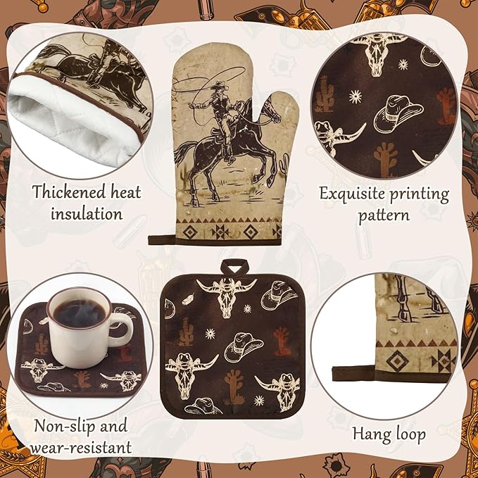 Fourluoo 10 Pcs Western Cowboy Kitchen Decor Brown Oven Mitts and Pot Holders Kit Western Cowboy Kitchen Accessories Vintage Dish Towels Farmhouse Rugs Mats for Home Cooking Baking Housewarming Gifts