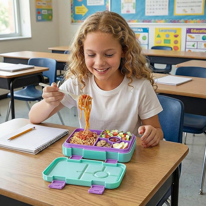 Bento Lunch Box for Kids, 6 Compartments BPA Free, Dishwasher Safe Back to School Snack Bento Lunch Containers Boxes, Ideal Portion Sizes for On-the-Go Meal, Ages 3+, School, Green Patterned