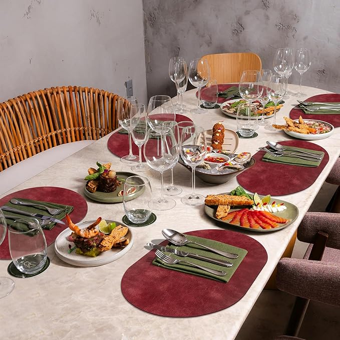 ADRIMER Placemats, Heat Resistant Oval Placemats Set of 6 Washable 12 x 17 Inch, Waterproof Table Mats, Wipeable Pu Place Mats for Kitchen, Dining Room, Wine Red