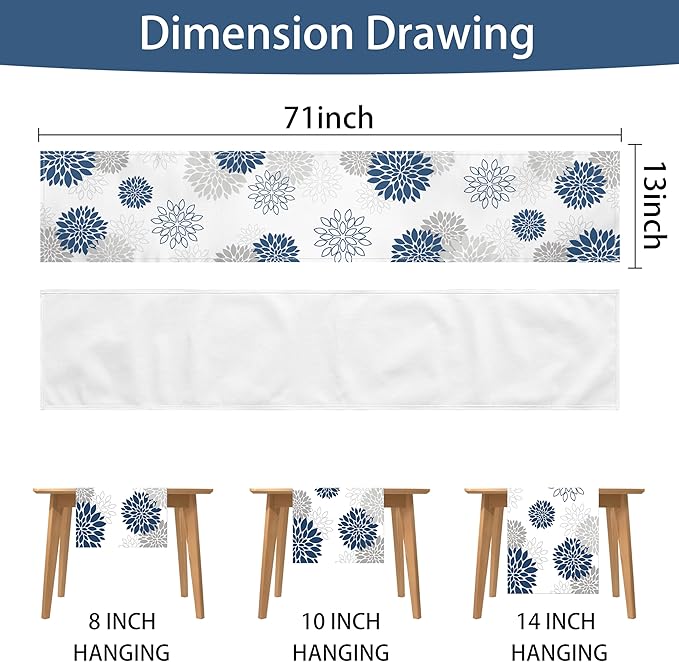 Dahlia Flower Table Runner 13x71 Inch Farmhouse Blue Gray Runners Modern Table Decorations Rustic Geometric Coffee Table Runner for Home Kitchen Dining Room Party (13"x71", Dahlia Floral-Blue)