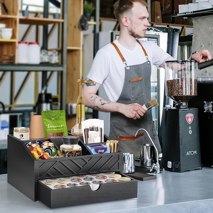 Coffee Bar Organizer with Drawer, Coffee Station Organizer for Countertop, Wood Coffee Bar Accessories Organizer for Coffee Bar Decor, Farmhouse Cup Pod Holder Condiment Organizer(Black)