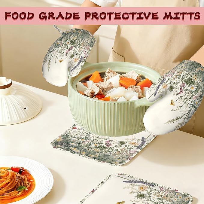 Wildflower Floral Oven Mitts and Pot Holders (4PCS),Vintage Garden Flowers Heat Resistant Non-Slip Silicone Kitchen Gloves for Cooking, Baking, BBQ Waterproof Kitchen Accessories