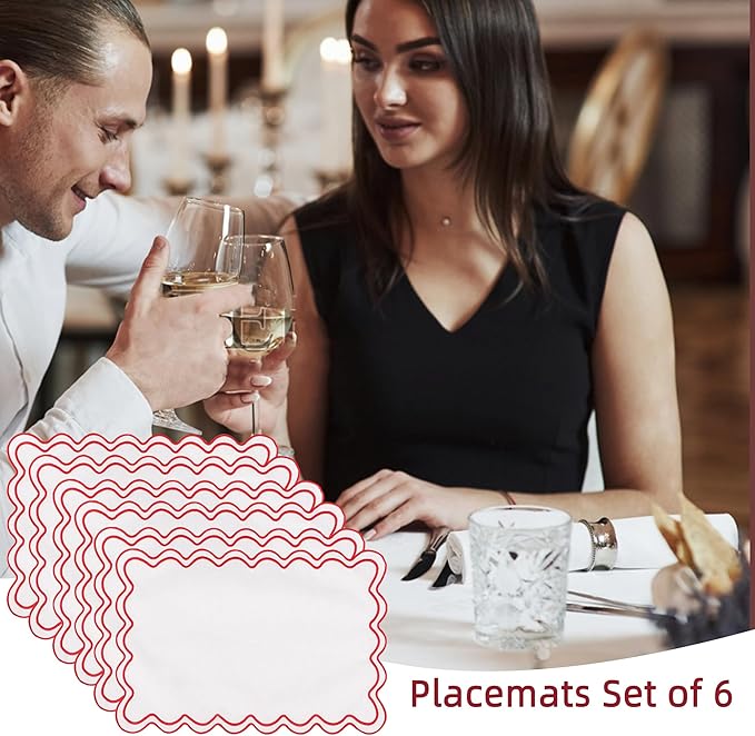 Set of 6 Cotton Linen Placemats, 13''x 19'' Wavy Embroidery Scalloped Placemats Washable Rustic Dinner Waterproof Table Mats (red)