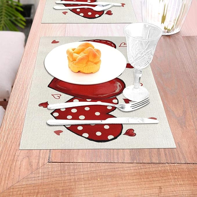 Valentine's Place mats Set of 4,12x18 Inches Red Love Heart Valentine's Decor Placemats Rectangle Mother's Day Wedding Anniversary Decoration Table Mats for Party Home Kitchen Dining Table