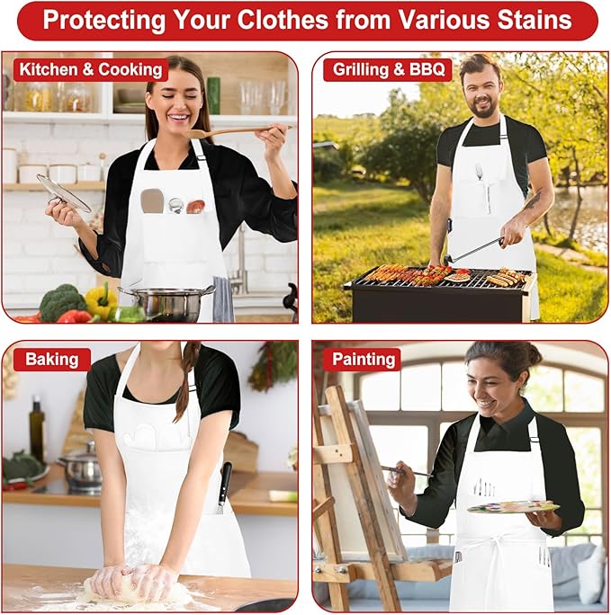 SHEOMERN 3 Pcs Dual Waterproof Oilproof Kitchen Chef Aprons with 4 Pockets for Men Women, Adjustable Soft Anti-Tear Cooking Bib Apron for Baking Grilling BBQ Painting Cleaning (White)