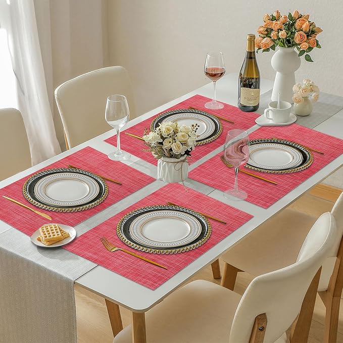 Vinyl Placemats Set of 6, PVC Woven Washable Non-Slip Table Mats, Heat Resistant Wrinkle Free Place Mats for Dining Table, Easy to Clean (6, Red)