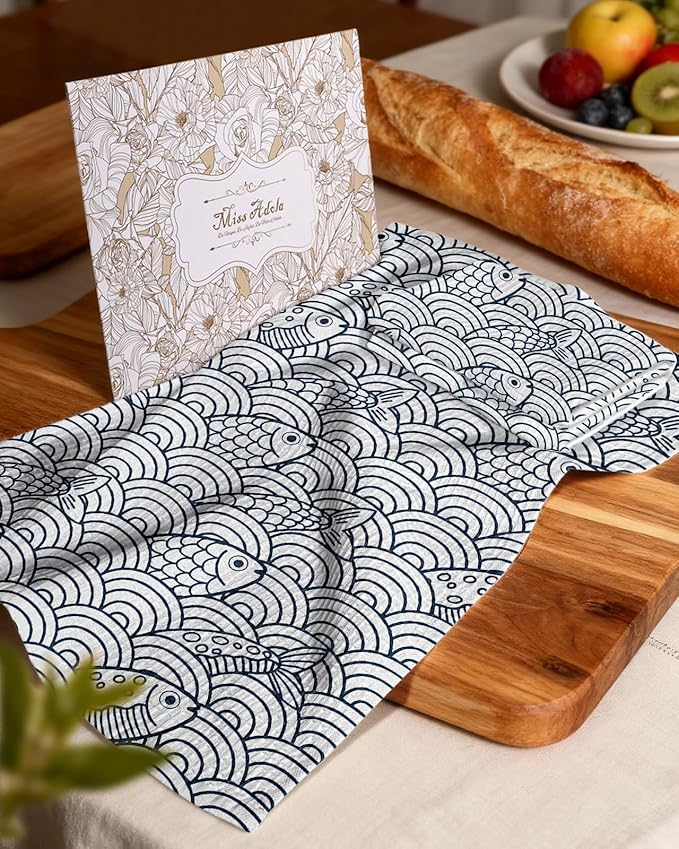 Miss Adola Cotton Waffle Kitchen Towels – Cute 370 GSM 16x25 Inch Terry Cloth Waffle Decorative Dishcloth for Kitchen Set of 2 with Hanging Loops Absorbent Hand Tea Towel for Home Design, Fish
