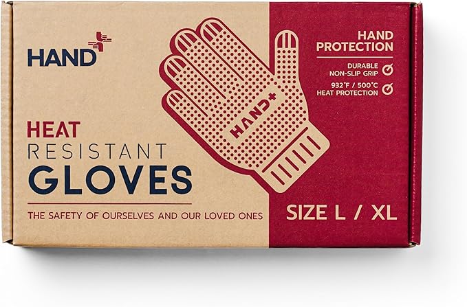 Hand+ Heat Resistant Oven Gloves (Size L/XL) 932°F / 500°C for BBQ Baking Cooking Smoker Fireplace Camping with Silicone Grip Thermo Dot Level 4 EN407 Certified