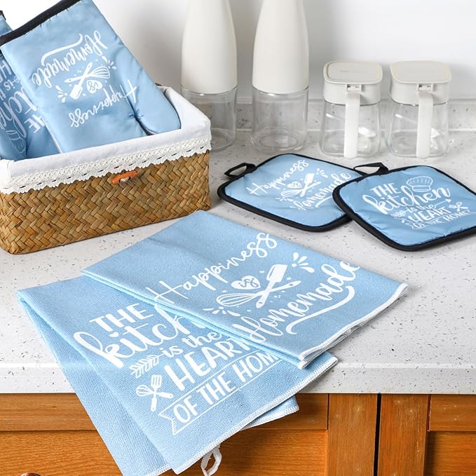 Sratte 6 Pcs Kitchen Decor Accessories Set Farmhouse Towels Pot Holders Oven Mitts Set 2 Dish Towels 2 Potholders 2 Cooking Mittens Oven Glove for Christmas Baking Cooking Supply(Light Blue,Kitchen)